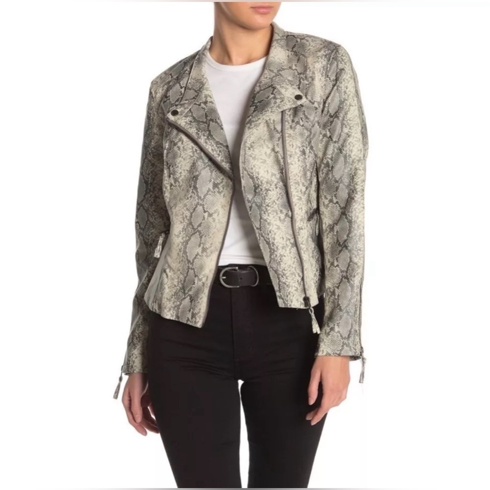 BLANK NYC Faux Leather Snakeskin Print Women’s Moto Jacket Dark Cloud Large NWT
